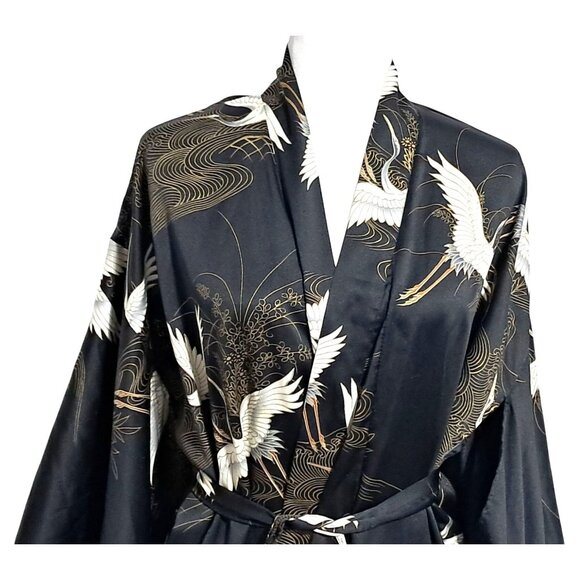 Vintage 70s Japanese Kimono Robe Black Satin Cranes Clouds Made in Japan Tag Rea - Picture 5 of 11